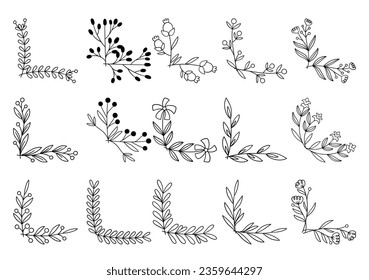 hand drawn flower corner borders. Fancy page decoration. laurel design elements.