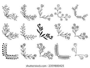 hand drawn flower corner borders. Fancy page decoration. laurel design elements.