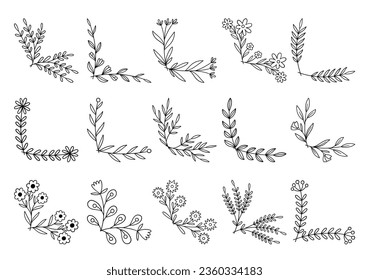 hand drawn flower corner borders. Fancy page decoration. laurel design elements.