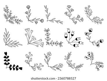 hand drawn flower corner borders. Fancy page decoration. laurel design elements.