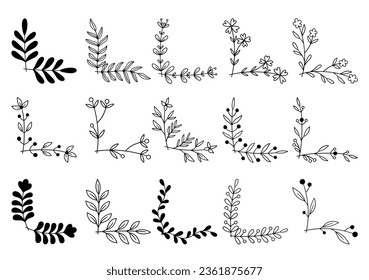 hand drawn flower corner borders. Fancy page decoration. laurel design elements.