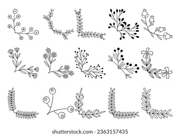 hand drawn flower corner borders. Fancy page decoration. laurel design elements.