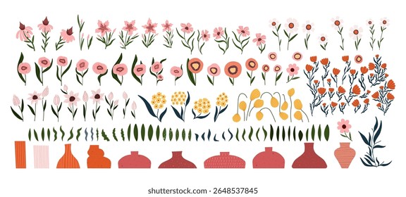 Hand drawn flower creator kit with floral elements, leaves and vases. Mix match design set for making bouquets, floral compositions and modern botanical art. Perfect for posters, greeting cards