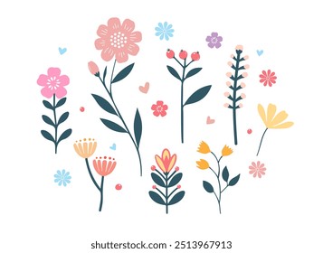 Flor dibujada a mano. Lindas flores y hojas de primavera. elemento floral y botánico. Rama de hoja. Diseño para tela, Fondo de pantalla, textil. Ilustración vectorial