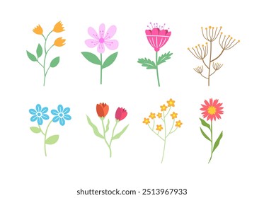 Hand drawn flower. Cute spring flowers and leaves. floral and botanical element. Leaf branch. Design for fabric, wallpaper, textile. vector illustration