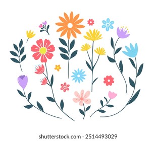 Hand drawn flower. Cute spring flowers and leaves. floral and botanical element. Leaf branch. Design for fabric, wallpaper, textile. vector illustration