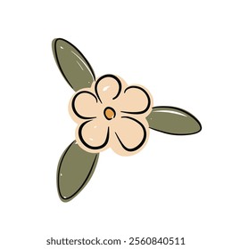 Hand drawn flower design with three green leaves and soft petals in pastel colors