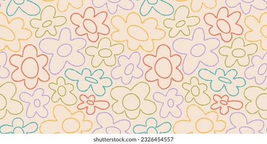 Hand drawn flower doodle seamless pattern illustration. Vintage cartoon drawing style floral background design. Spring nature backdrop texture print with garden flowers.