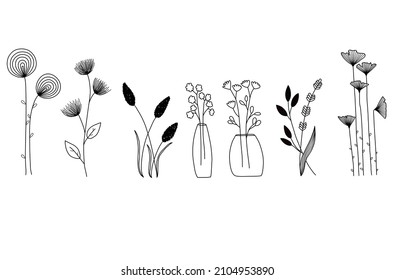 Dibujado a mano de un conjunto de doodles de flores y colección de flores sobre fondo blanco. Diseños de ilustraciones vectoriales.