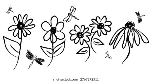Hand Drawn Flower and Dragonfly Doodle Set, Sketch Style Floral Elements with Nature Garden Illustration Hand Drawn Flower and Dragonfly Doodle Set, Sketch Style Floral Elements with Nature Garden Illustration