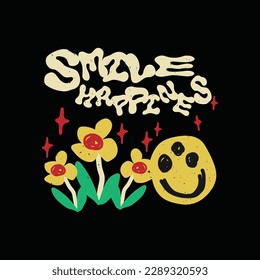 Hand drawn flower and emoticon for graphic tshirt. Vector illustration.