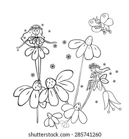 Hand drawn flower fairies on white daisies. Black and white vector illustration.