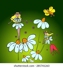 Hand drawn flower fairies on white daisies. 
