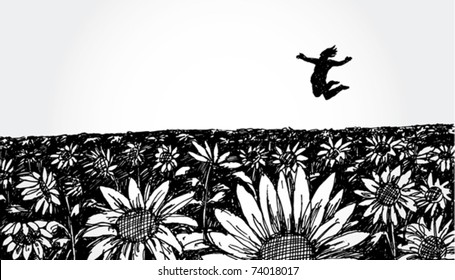 Hand Drawn Flower Field with Jumping Man