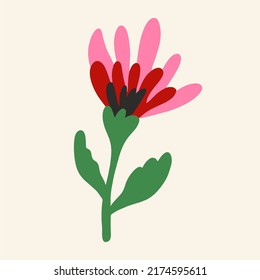 Flor dibujada a mano. Plano, diseño, dibujos animados, ilustración vectorial.