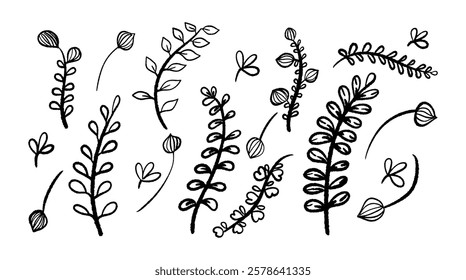 Hand drawn flower or floral scribble doodle line elements set. Vector design elements collection.