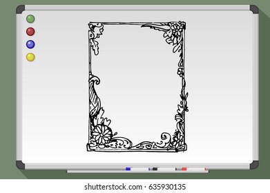 Hand drawn flower frame on whiteboard. Vector illustration