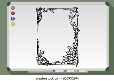 Hand drawn flower frame on whiteboard. Vector illustration