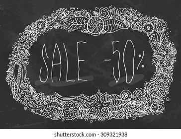 Hand drawn flower frame with text Sale 50%. Vector illustration