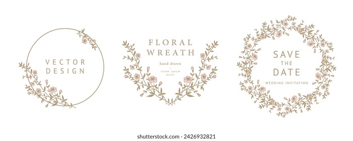 Hand drawn flower frames. Elegant vintage wreaths. Vector illustration, botanical decor elements for label, corporate identity, branding, wedding invitation, greeting card, save the date