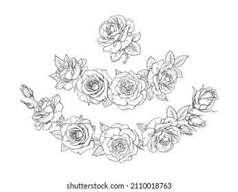 Linear hand drawing roses flowers with mandala for greeting card