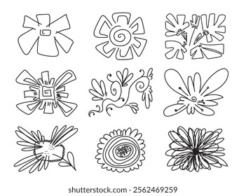 Hand drawn flower grunge elements. Doodle sketch of flowers, blossom scribble design , bloom drawing in black and white retro style, vector illustration