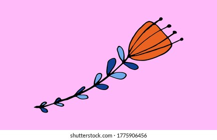 Hand drawn flower head on a stem. Doodle illustration. Simple floral element isolated on pink background