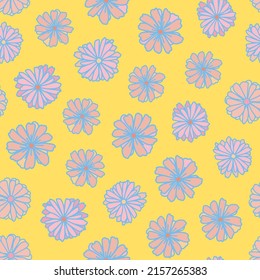 Hand drawn flower heads seamless repeat pattern. Random placed, vector blooms all over surface print on yellow background.
