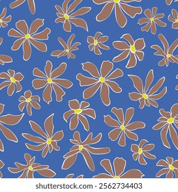 Hand drawn flower heads seamless repeat pattern on mocha brown background. Vector, botany bloomy aop, all over print.