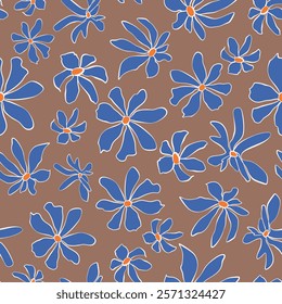 Hand drawn flower heads seamless repeat pattern on Mocha brown background. Vector, botany bloomy aop, all over print.