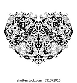 Hand drawn flower heart for adult anti stress. Coloring page with high details isolated on white background. Ink pen. Zentangle pattern for relax and meditation. Happy Valentine's Day background