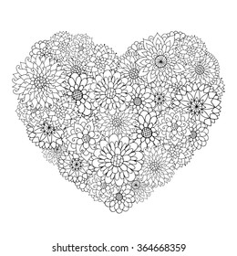 Hand drawn flower heart for adult anti stress. Coloring page with high details isolated on white background. Made by trace from sketch. Zentangle pattern for relax and meditation. 