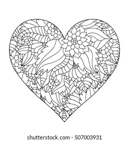 Hand drawn flower heart for adult anti stress. Coloring page with high details isolated on white background. Zentangle pattern for relax and meditation. Used clipping mask. 