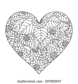 Hand drawn flower heart for adult anti stress. Coloring page with high details isolated on white background. Zentangle pattern for relax and meditation. Used clipping mask. 