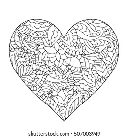 Hand drawn flower heart for adult anti stress. Coloring page with high details isolated on white background. Zentangle pattern for relax and meditation. Used clipping mask. 