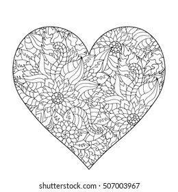 Hand drawn flower heart for adult anti stress. Coloring page with high details isolated on white background. Zentangle pattern for relax and meditation. Used clipping mask. 