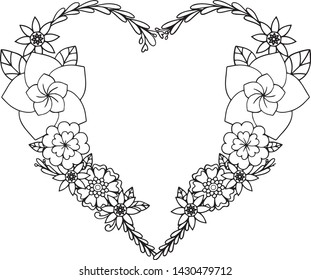 Hand drawn flower and heart pattern.. Doodle design for a coloring book or background decorative. Relaxation for adults and kids. Vector Illustration.