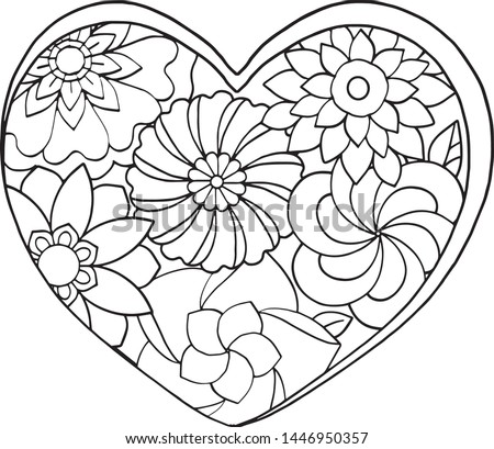 Hand drawn flower heart pattern. Doodle floral frame with place for text, coloring book or background decorative. Relaxation for adults and kids. Vector Illustration. 