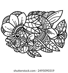 Hand drawn of flower horn fish in zentangle style