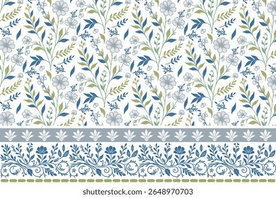 hand drawn flower illustration with line floral seamless pattern with border for digital textile printing, table top accessories, and modern fashion

