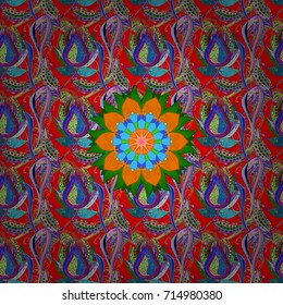 Hand drawn flower illustration. Seamless pattern abstract floral background. Vector sketch of many abstract flowers in red, blue and green colors.