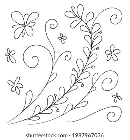 Hand drawn flower isolated. Doodle sketch of flowers, blossom scribble design elements, bloom engraved drawing in black and white retro style, vector illustration