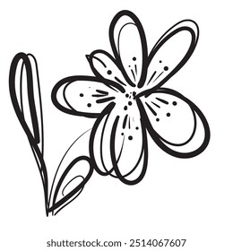 Hand drawn flower isolated. Doodle sketch of flowers, blossom scribble design elements, bloom engraved drawing in black and white retro style, vector illustration