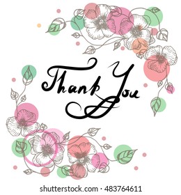 Hand drawn Flower isolated on white background. Card with lettering Thank You. Vector illustration