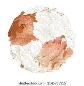 Hand drawn flower with Japanese geometric pattern vector. Oriental decoration with logo design, flyer, banner or presentation in vintage style. colorful watercolor texture.