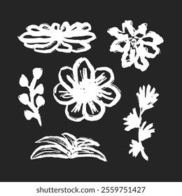 Hand drawn flower and leaf. Doodle Ink floral and plant abstract illustration. Nature set. Sketch nature simple daisy, flower, leaves, graphic elements on black background