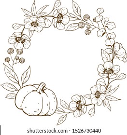 Hand drawn flower, leaf and pumpkin autumn garland circle doodle, outline, isolated on white background, vector illustration.