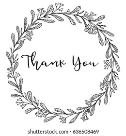 Hand drawn flower leaf wreath. Vintage floral wreath elements for wedding invitations, greeting cards, thank you card. Vector illustration.