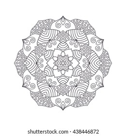 Hand drawn flower mandala for coloring book. Black and white ethnic henna pattern. Indian, asian, arabic, islamic, ottoman, moroccan motif. Vector illustration.