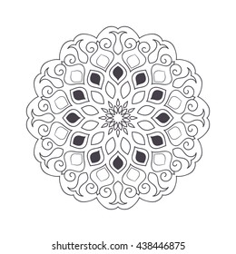 Hand drawn flower mandala for coloring book. Black and white ethnic henna pattern. Indian, asian, arabic, islamic, ottoman, moroccan motif. Vector illustration.